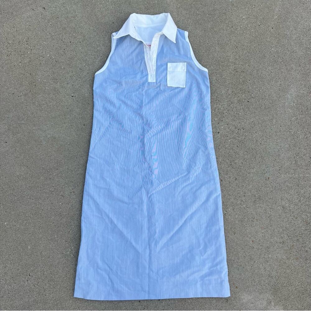 Vintage Vicky Vaughn Junior Blue Sleeveless White Polo Collar Shirt Dress
